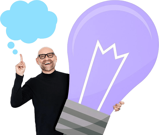 Smiling man pointing upward beside a large purple light bulb symbolising an idea