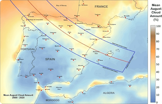 Map of Spain and Portugal showing average cloud cover in August and the 2026 eclipse path