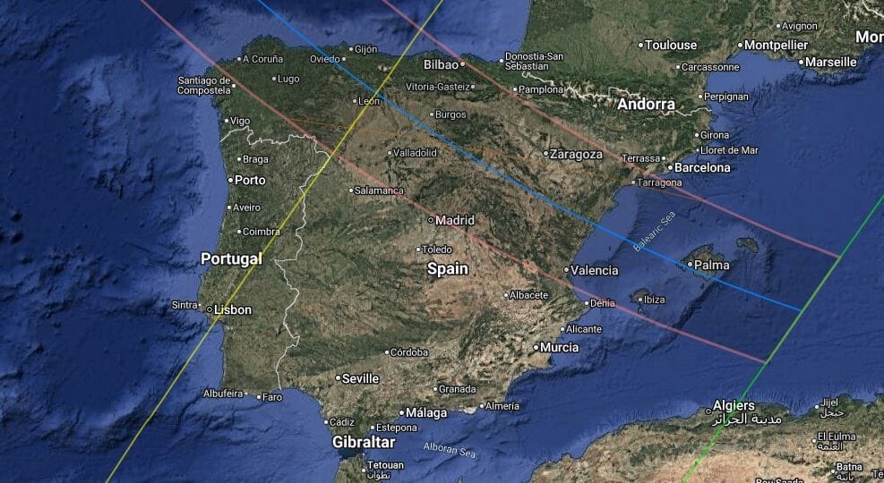 Satellite map of Spain showing the path of totality for the 2026 solar eclipse