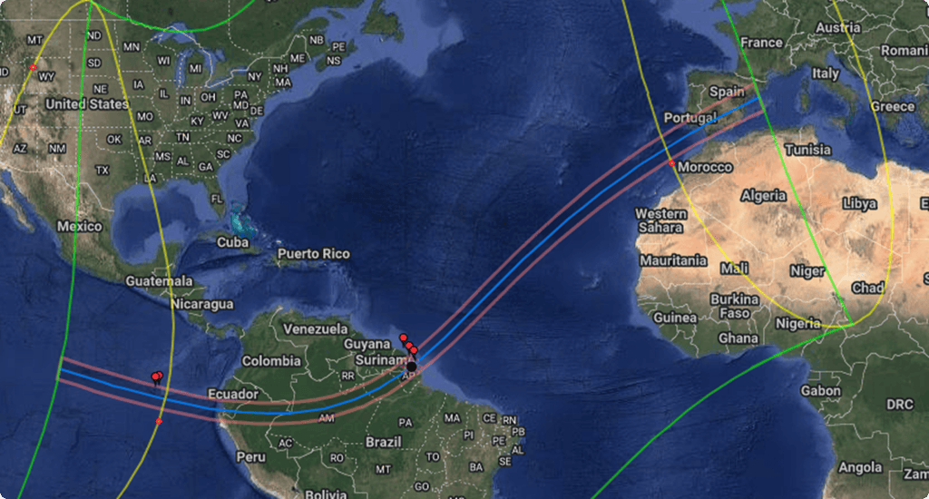 World map showing the path of the 2028 annular solar eclipse crossing the Atlantic Ocean, Spain and North Africa