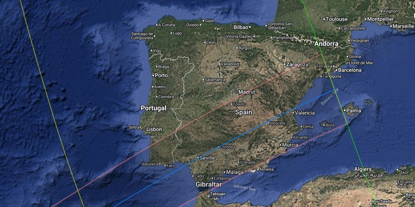Map of Spain and Portugal showing the 2028 annular solar eclipse path across southern Iberia