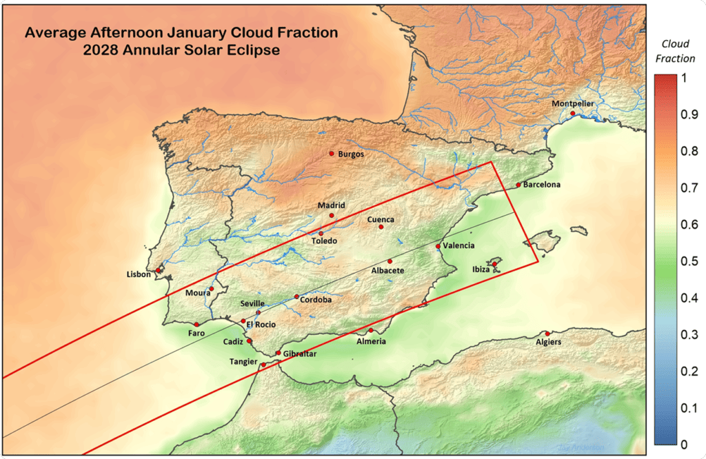 Map showing average January afternoon cloud cover across Spain during the 2028 annular solar eclipse