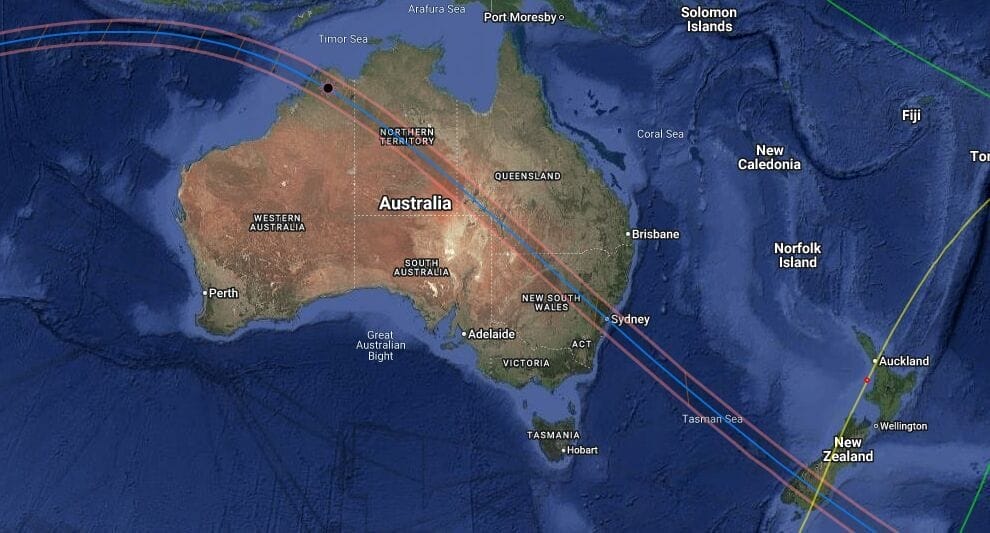 Map showing the path of the 2028 total solar eclipse crossing Australia from west to east and continuing over the Pacific