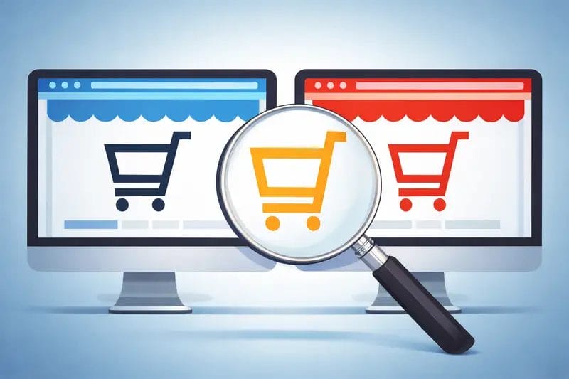 Gràfic que mostra dues botigues en línia en pantalles d'ordinador amb una lupa que destaca un carret de la compra per comparar-los