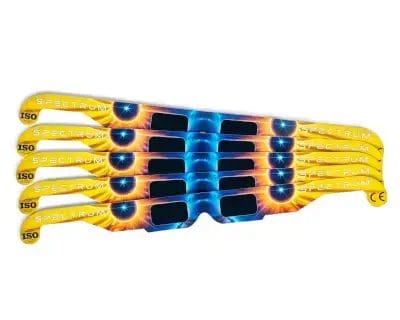 A stack of five ISO-certified solar eclipse glasses with a fiery Spectrum design, perfect for groups and families watching the solar eclipse together.