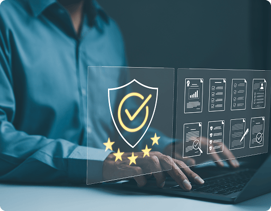 Digital shield and checklist representing ISO safety certification and quality control for eclipse glasses
