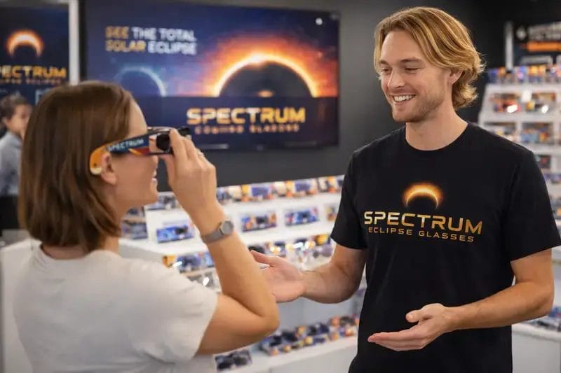 Botiga efímera (pop-up) de Spectrum Eclipse Glasses amb un membre de l'equip ajudant un client a emprovar-se unes ulleres d'eclipsi solar certificades.
