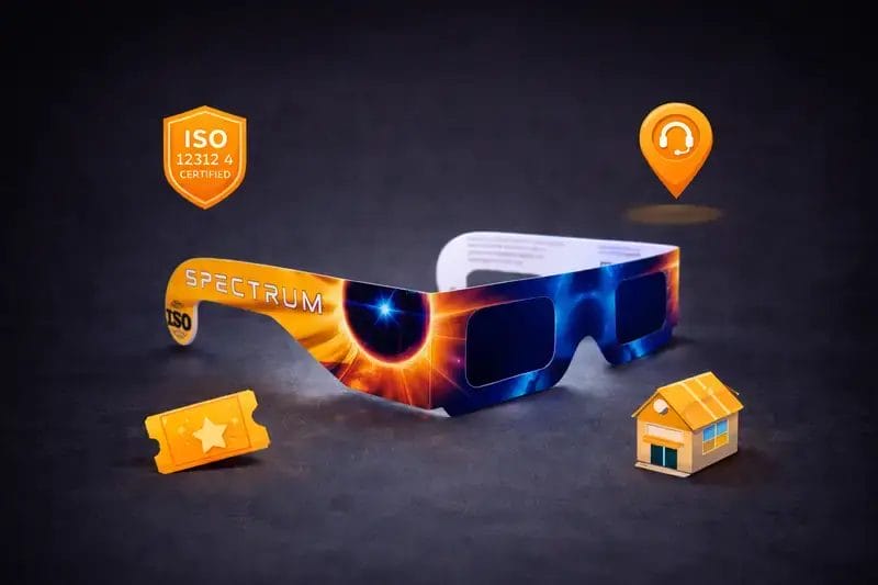 Ulleres d'eclipsi solar Spectrum amb certificació ISO que destaquen la seguretat homologada, l'atenció local i el valor afegit.