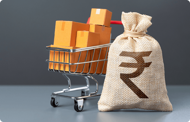 Mini shopping cart filled with boxes and a money bag symbolising affordability